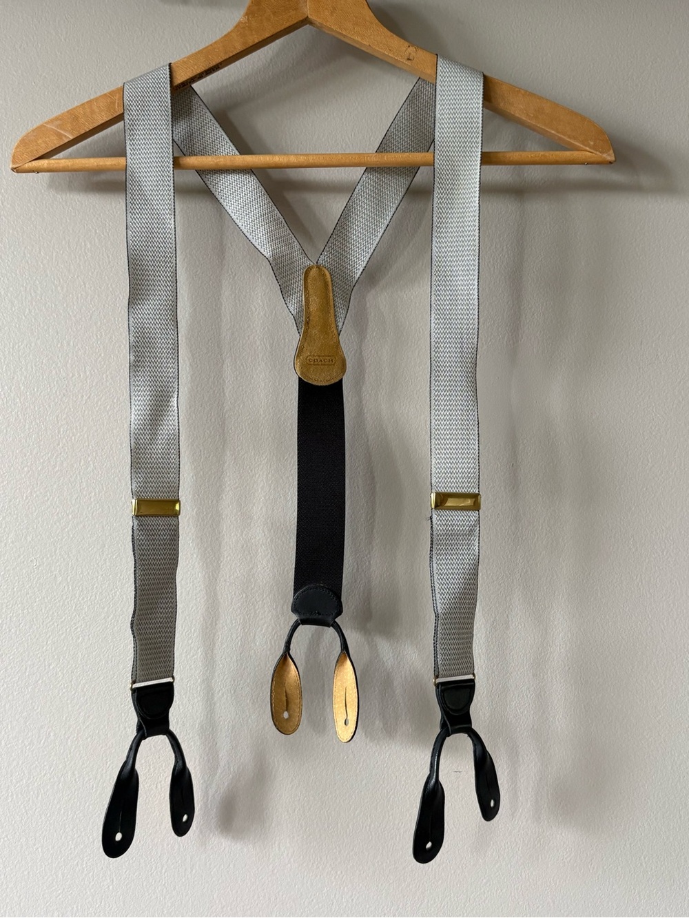 COACH Men's Suspenders Braces Textured Gray Leather Button Hooks